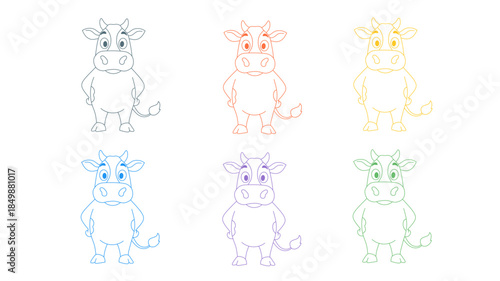 Colorful Outline Cartoon Cow Character Design Animal Icon Illustration
