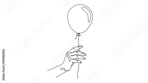 Minimalist line art of hand holding balloon in elegant gesture
