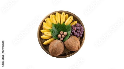Pongal festival depicts a circular arrangement of bananas, green leaves, nuts, and two transparent background and plain white background