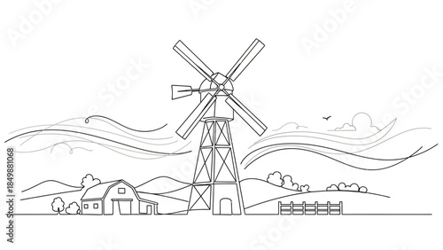 Windmill standing tall in rural landscape with barn and rolling hills
