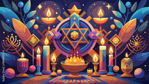 Celebrating hanukkah with illuminated candles and symbols