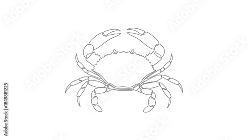 Detailed line drawing of a crab with claws and legs on white background
