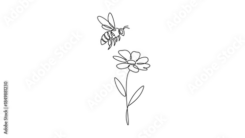A bee flying towards a beautiful flower in a simple line drawing