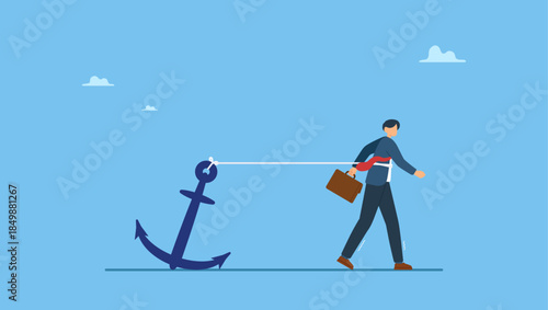 Stress businessman trying hard to run forward with heavy anchor. Career burden, held back or no career path in work, anchoring behavioral finance or hard work and struggle in business.