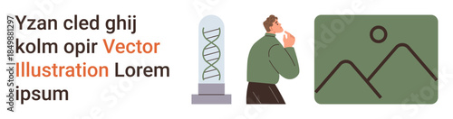 Science, creative thinking, DNA research, innovative ideas, problem-solving, inspiration. A DNA helix, thinking man and placeholder image. Science and creative thinking concept