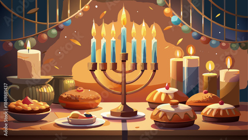 Cozy hanukkah celebration with menorah and treats