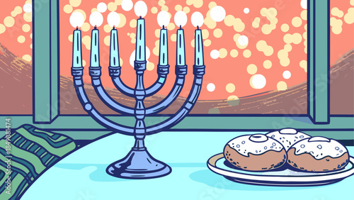 Hanukkah celebration with menorah and donuts