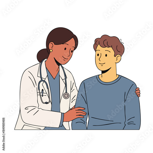 A female doctor with a stethoscope around her neck comforts a young man with her hand on his shoulder in a valentine romantic gesture against a clean white background.