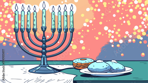 Menorah with latkes and doughnuts