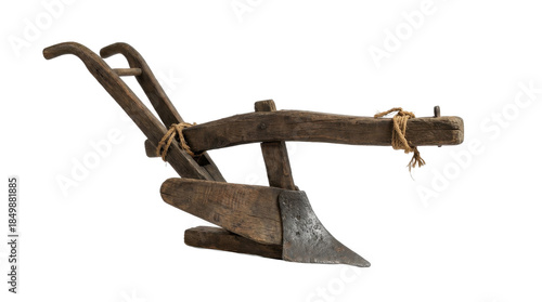 Pongal festival shows an isolated antique agricultural hand plow with metal blade and wooden handles on a white png with transparency