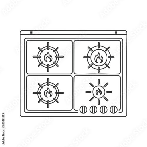 Line drawing of a four-burner gas stove with knobs, depicted in a simple black line art style against a clean white background.