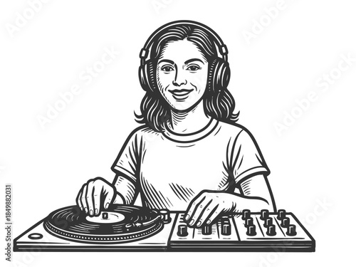 smiling female DJ spinning vinyl on a turntable, wearing headphones around his neck sketch engraving generative ai fictional character vector illustration. Scratch board imitation. Black and white.