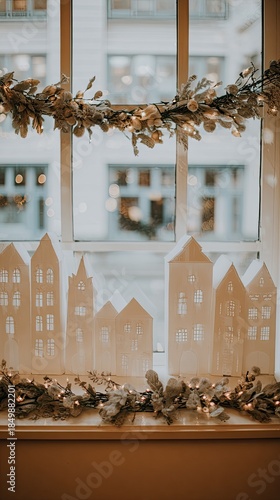 white window sill with paper houses and lights, greenery decoration