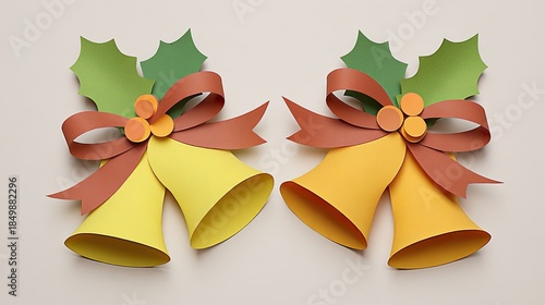 yellow paper bells with holly leaves and a bow hanging on the wall