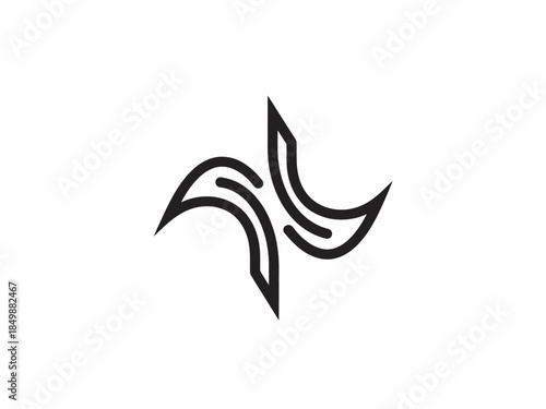 Stylized black abstract symmetrical design with curved pointed elements on white