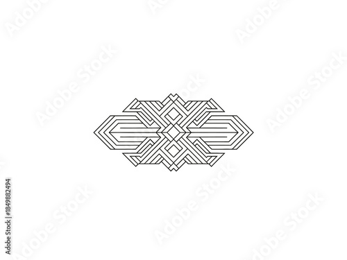 Symmetrical geometric black and white line art design with interweaving patterns