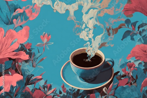 A cup of hot beverage in a floral and artistic arrangement.