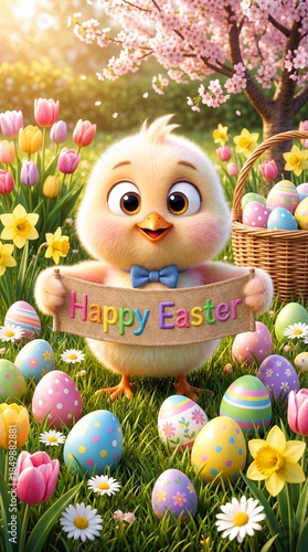 Cute chick celebrates Easter with colorful eggs and flowers