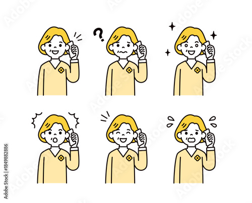 スマートフォンで通話する、様々な表情の中高年の女性の上半身ベクターイラスト素材セット