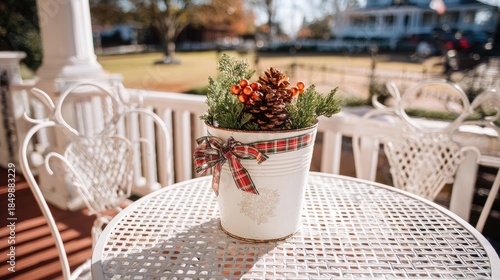 stylish christmas front porch decor with pine cones, berries, and plaid ribbon in a white vintage bucket on the table