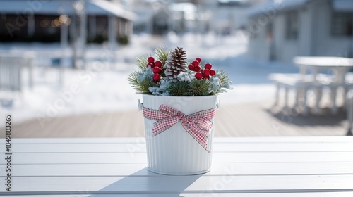 stylish christmas front porch decor with pine cones, berries, and plaid ribbon in a white vintage bucket on the table