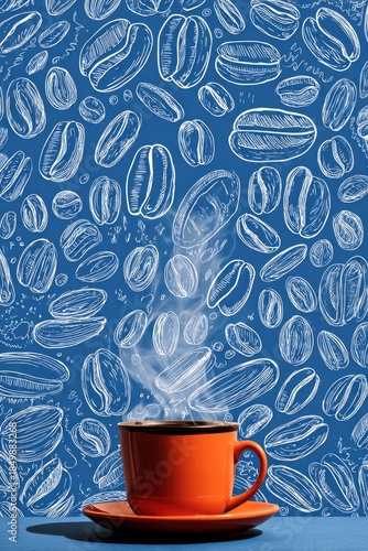 Steaming Coffee Cup With Bean Pattern Background Design