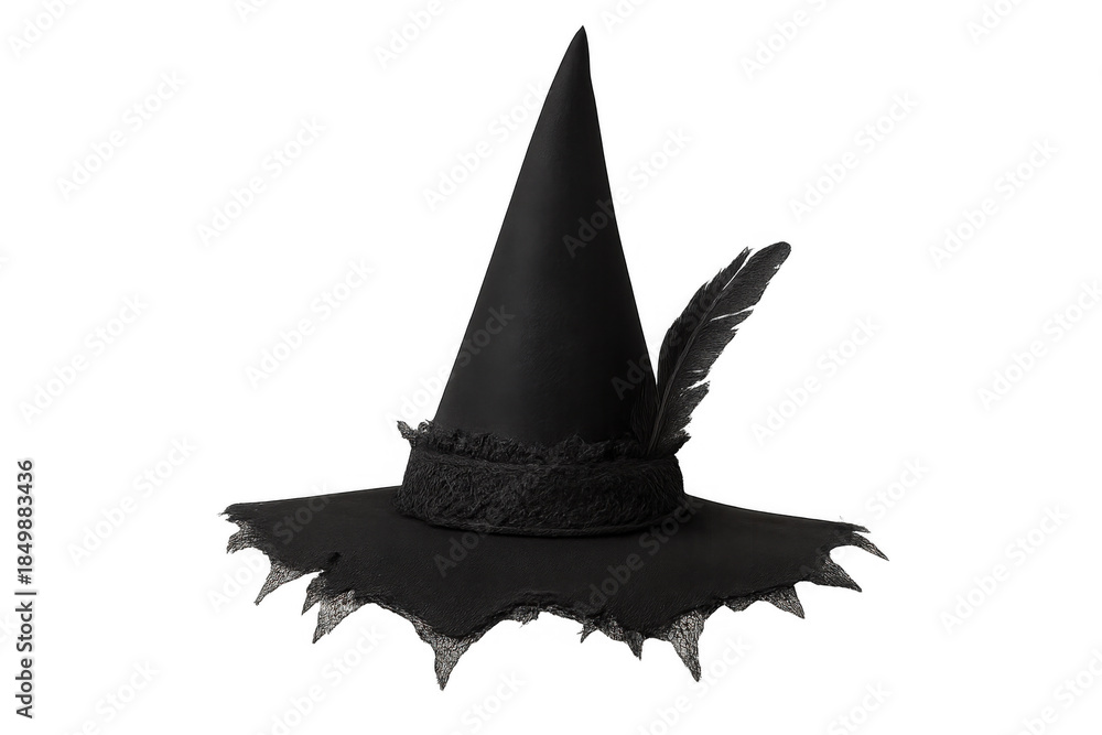 Fototapeta premium Black witch hat with feather and frayed brim for halloween costume, sorcery, and magic themes
