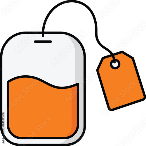 Orange tea bag with string and tag filled with amber liquid drink beverage