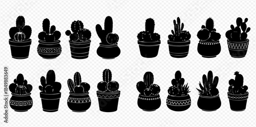 Collection of various cactus and succulent plant silhouettes in decorative pots.