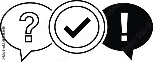 Three speech bubbles with question mark check mark and exclamation point communication