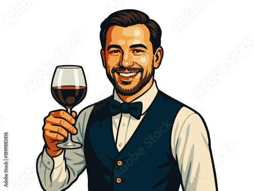 smiling male sommelier holding a glass of red wine. Generative ai vector colorful pop art illustration.