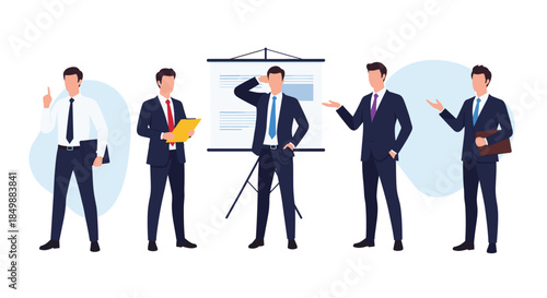 Collection of a businessman in a formal suit shown in various dynamic poses like presenting, thinking, and gesturing for corporate concepts.
