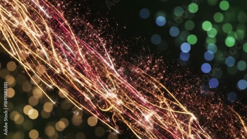 Magical streaks of golden and pink sparkles flow diagonally across a dark background with colorful bokeh lights, perfect for celebrations and festive designs.