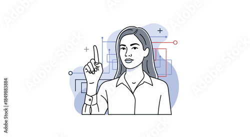 Line art illustration of a professional woman pointing her index finger up, symbolizing a new idea or technological innovation.