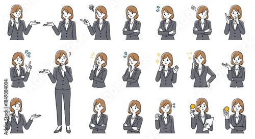 Extensive collection of a businesswoman character in a grey suit showing various poses, gestures, and facial expressions for business.