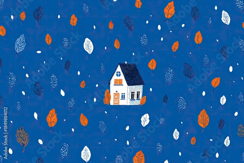 Illustrated house in the autumn with falling leaves background.