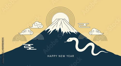 Japanese New Year's card design featuring a stylized Mount Fuji, the rising sun, and a snake for the Year of the Snake.