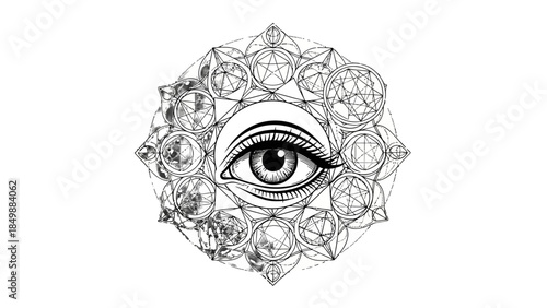 Intricate all-seeing eye with eyelashes within a complex geometric mandala, black and white spiritual design on isolated white background.