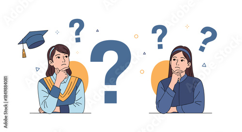 Young female graduate thinking about her future career choices, illustrated with question marks and a before-and-after graduation look.