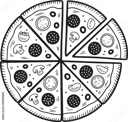 pizza isolated in White Background, pizza vector, Flat lay vector illustration. Pizzeria symbol. Fast food sign. Italian pizza on a white background.