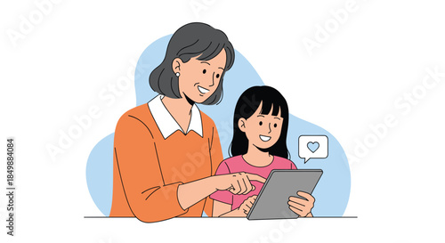 Grandmother and granddaughter spending quality time together, using a digital tablet for learning or entertainment with a heart icon.