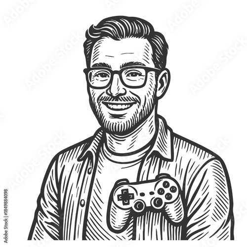 cheerful male game developer with glasses, holding a video game controller sketch engraving generative ai fictional character vector illustration. Scratch board imitation. Black and white image.