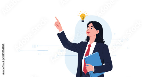 Businesswoman gets a brilliant idea, illustrated by a glowing lightbulb above her head as she points upward with inspiration.
