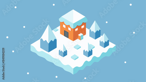 Isometric winter scene with house and snowy mountains