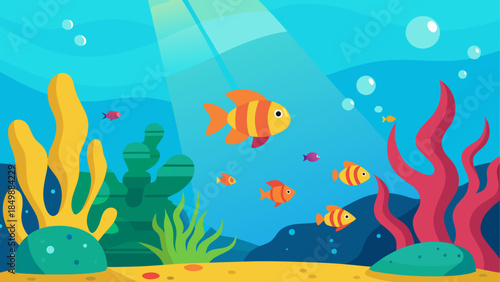 Cartoon underwater scene with fish and coral reefs