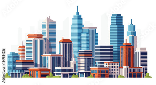 Modern city skyline with skyscrapers and office buildings, a vector illustration representing urban life and business districts.