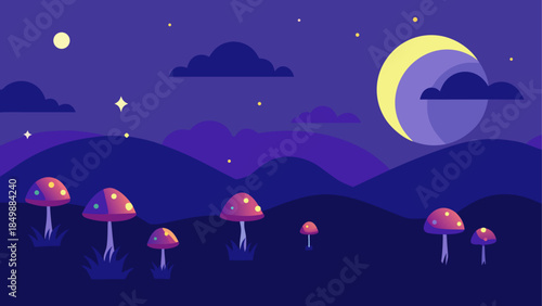 Night landscape with mushrooms and moon illustration