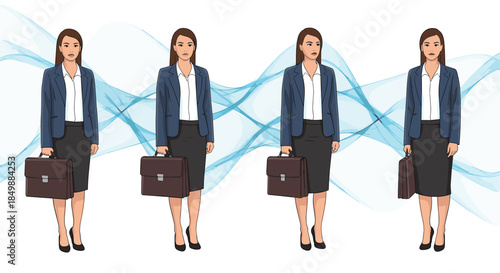 Set of four illustrations of a professional businesswoman standing and holding a briefcase against a background with abstract waves.
