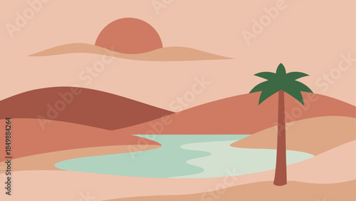 Desert landscape with palm tree and setting sun art