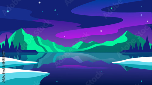 Landscape view of mountains and water with aurora sky